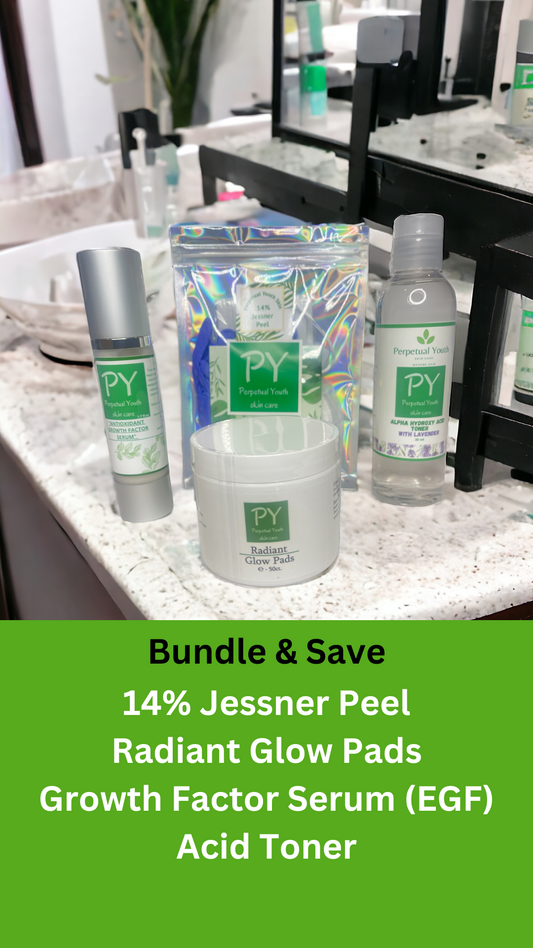 💚 Skin Peel, Radiant Glow Pads, Growth Factor Serum, Acid Toner Bundle! 🌿💛 INCLUDES A SKIN PEEL WHICH IS A CHEMICAL EXFOLIANT. YOU MAY HAVE DOWNTIME AND WITH DAYS OF HEALING.